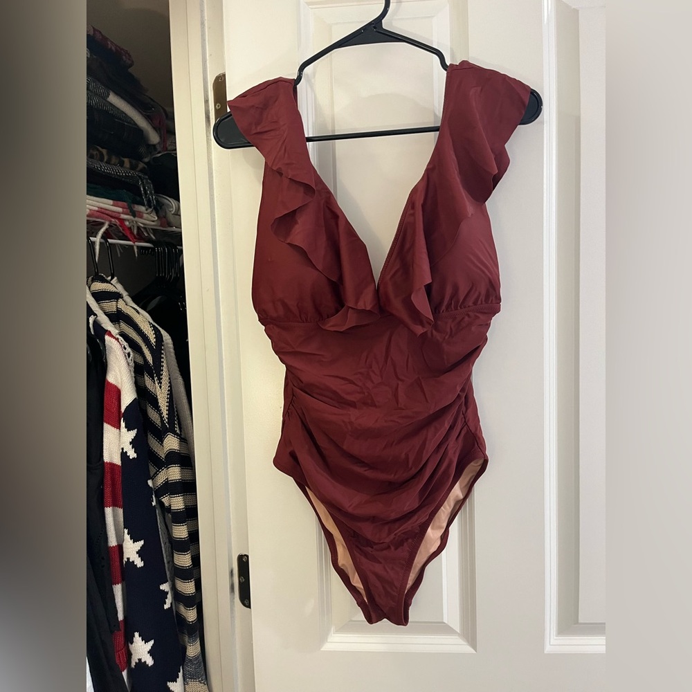 J. Crew Brown Ruffle V-Neck One-Piece Swimsuit sz 12 - Picture 2 of 5